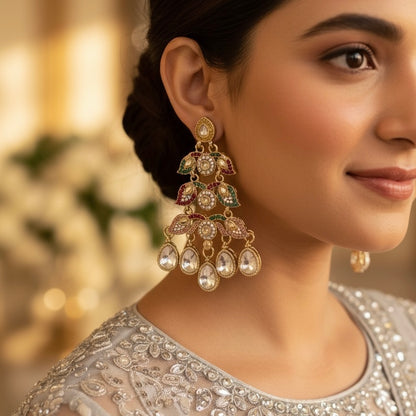 Raiza Jadau Kundan Premium Chandbali Earrings - Multi
