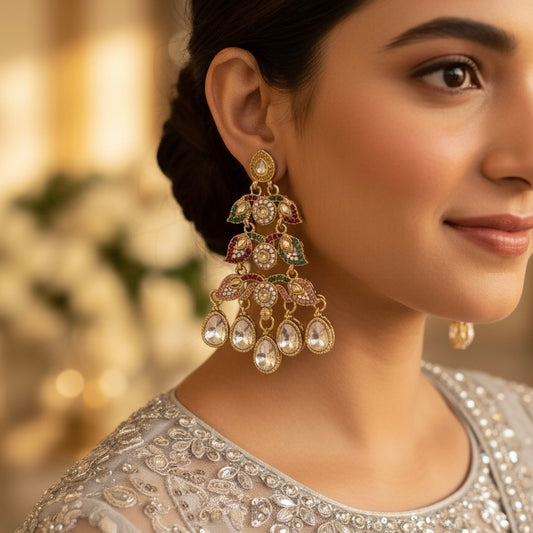 Raiza Jadau Kundan Premium Chandbali Earrings - Multi