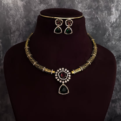 Srijya Victorian Work Pink & Green AD Hasli Necklace Set