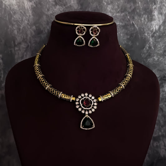 Srijya Victorian Work Pink & Green AD Hasli Necklace Set