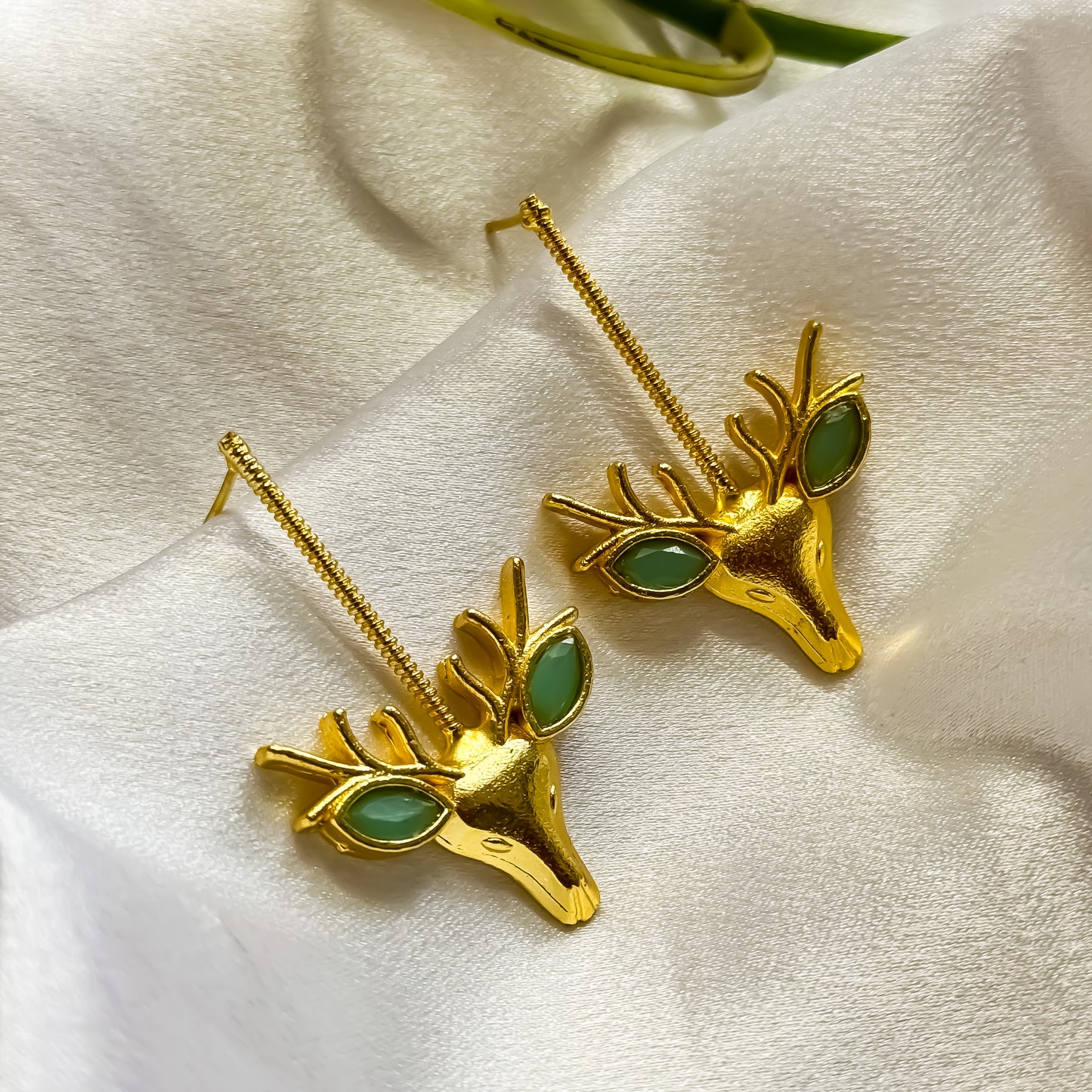 Unique Raindeer Handcrafted Brass Earrings- Pastel Green