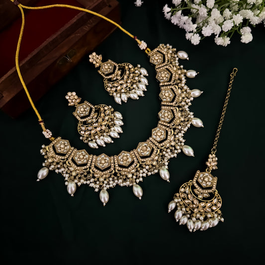 Mahal MOP Reverse AD Necklace Set - Golden