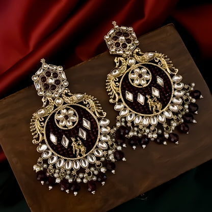Dhwani Kundan Pearl Chandbali Earrings - Maroon