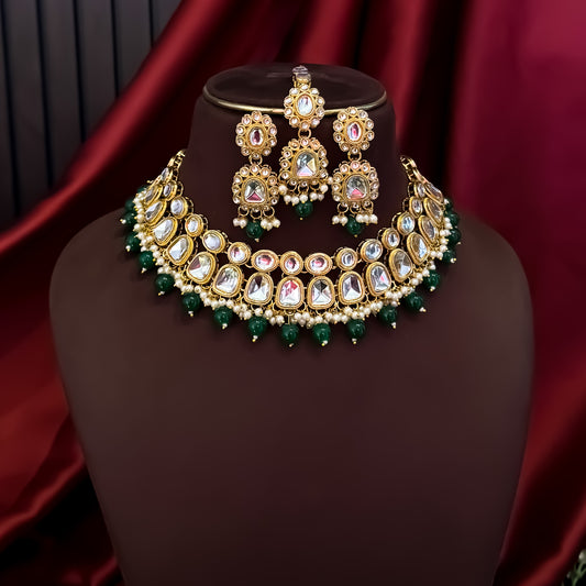 Reeti Kundan Pearl Necklace Set - Green