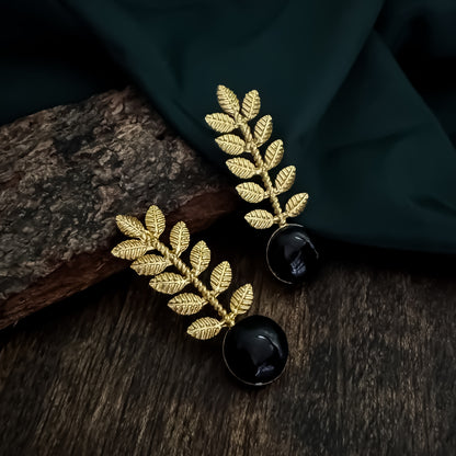 Lina Leaf Drop Handcrafted Brass Earrings - Black
