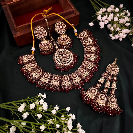 Sahana Jadau Preminum Reverse AD Ganthan Necklace Set with Teeka & Pasha - Maroon