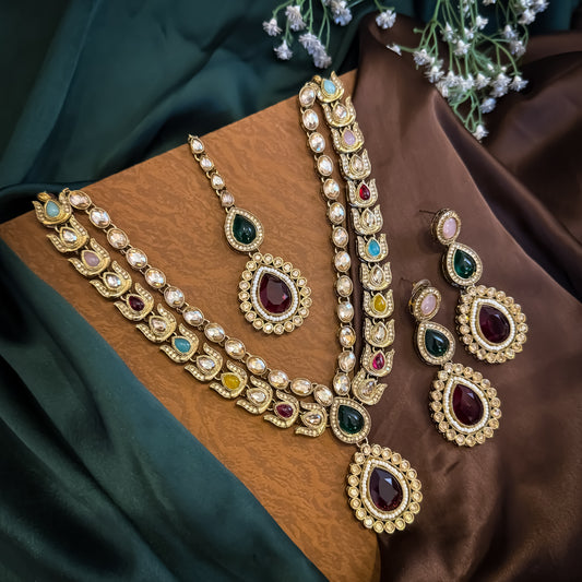 Ashiya Double Layer Designer Zircone Kundan Necklace Set - Multi