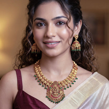 Pink & Green Rishvi Lakshmi Temple Necklace Set