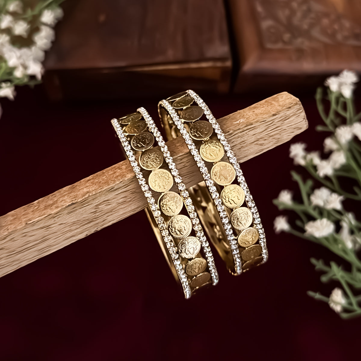 Akshat Lakshmi Coin Temple AD Gold Bangles - Golden (Set of 2)