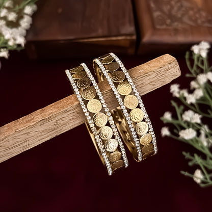 Akshat Lakshmi Coin Temple AD Gold Bangles - Golden (Set of 2)