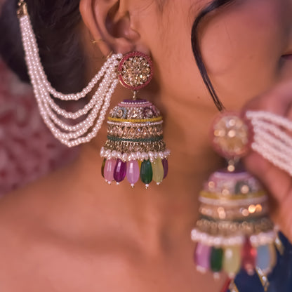 Rubina Jadau Reverse AD Jhumka Earrings with Earchain - Multi