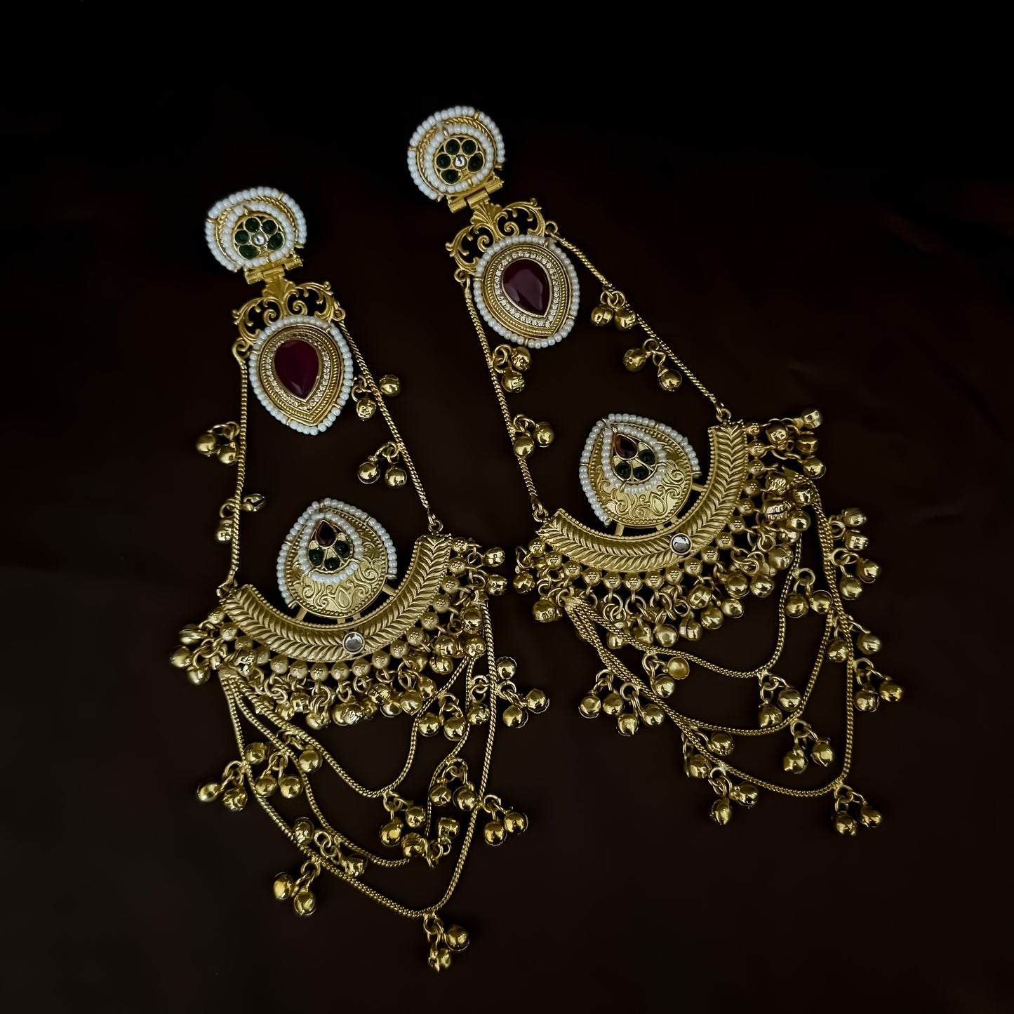 Tarika Kashmiri Brass Ghungroo Chandbali Earrings - Pink & Green
