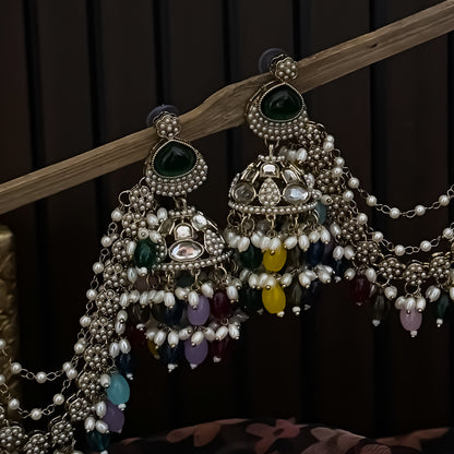 Kirat Jadau Mirror Jhumka Earrings with Sahara/Earchains - Multi
