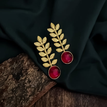 Lina Leaf Drop Handcrafted Brass Earrings - Maroon
