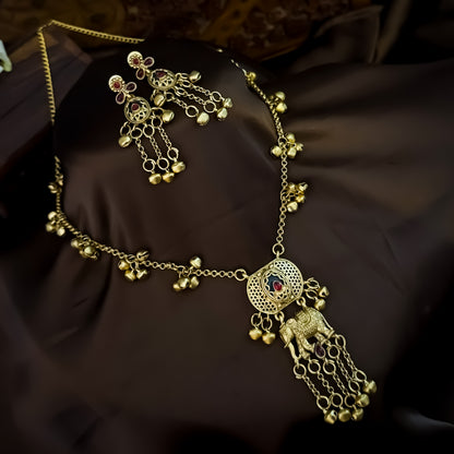 Gauri Ghunghroo Heritage Rajwadi Long Necklace Set - Pink & Green
