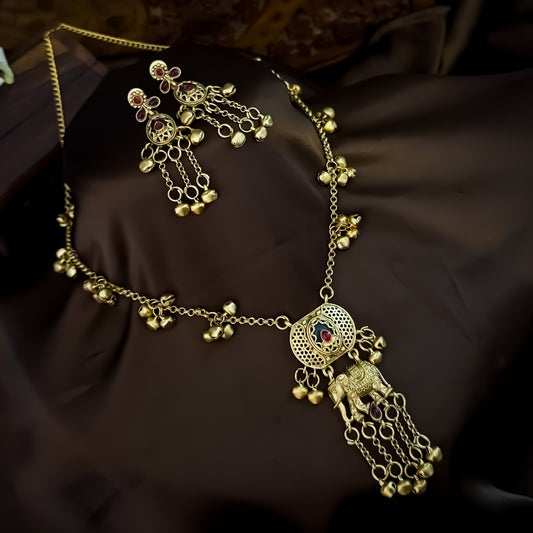 Gauri Ghunghroo Heritage Rajwadi Long Necklace Set - Pink & Green