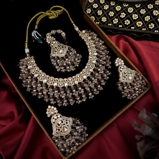 Madiha Premium Reverse AD Necklace Set - Maroon
