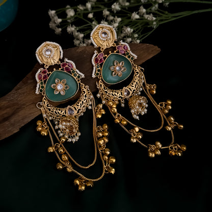 Rajshree Kashmiri Brass Dejhoor Ghungroo Jhumka Earrings - Pastel Green