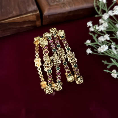 Purvi Divine Lakshmi Temple Gold Bangles - Pink & Green (Set of 4)
