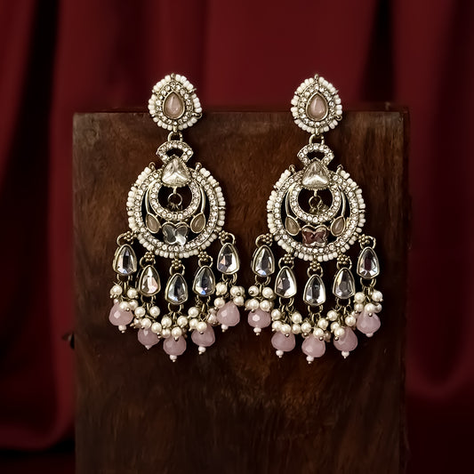 Athiya Kundan Pearl Premium Chandbali Earrings - Baby Pink