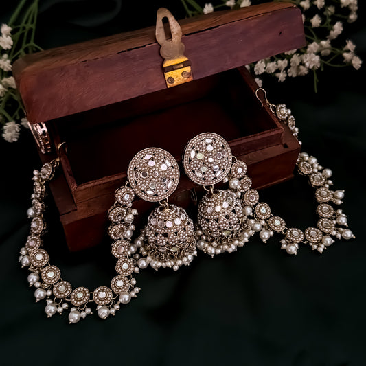 Rushda Jadau Mirror Jhumka Earrings with Sahara/Earchains - Golden