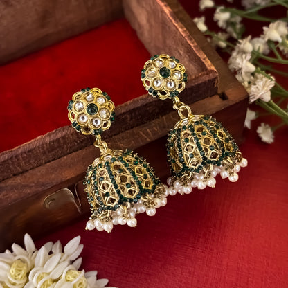 Green Gurleen Cutwork Pearl Jhumka Earrings