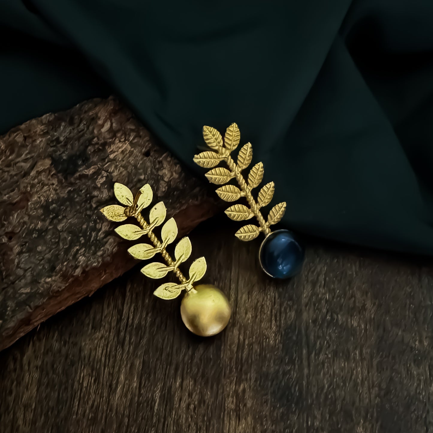 Lina Leaf Drop Handcrafted Brass Earrings - Blue
