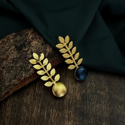 Lina Leaf Drop Handcrafted Brass Earrings - Blue