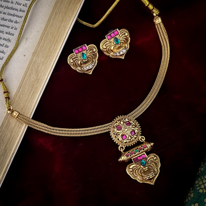 Nandini Temple Motif Choker Necklace Set - Pink & Green