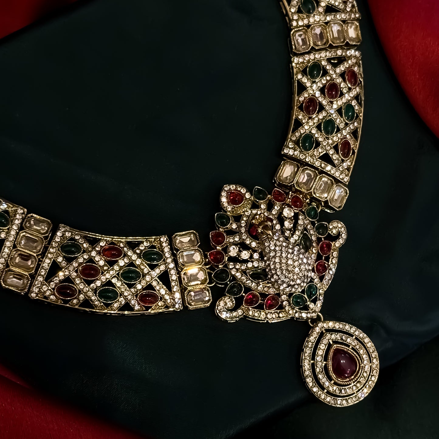 Yasmin Peacock Reverse AD Necklace Set - Pink & Green