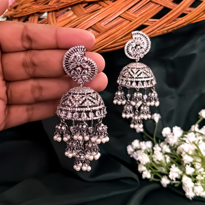 Riyana American Diamond Jhumka & Teeka Set - Black Polish