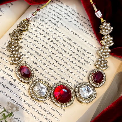 Naira AD Polki Look Alike Necklace Set - Maroon