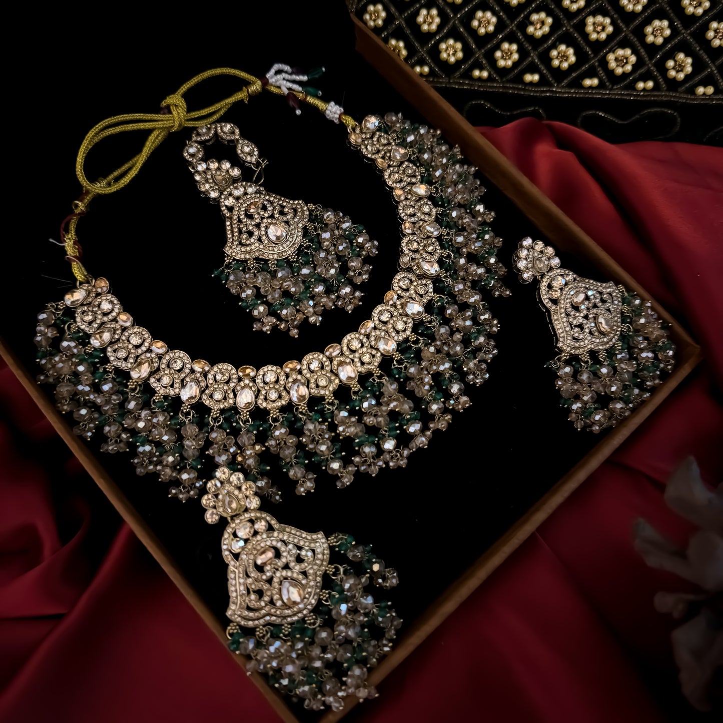 Madiha Premium Reverse AD Necklace Set - Green