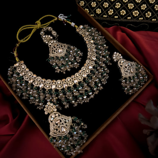 Madiha Premium Reverse AD Necklace Set - Green
