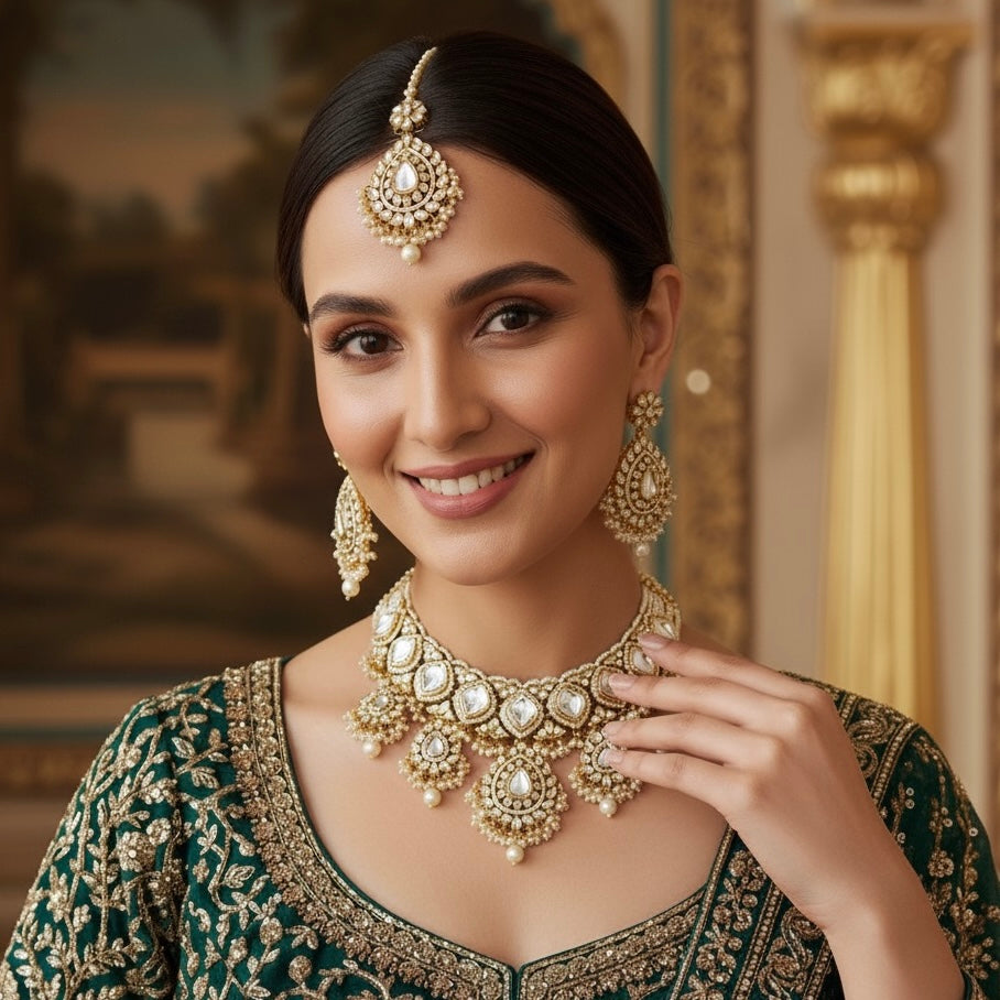 Kavitri Premium Kundan Necklace Set with Teeka & Earrings - Golden