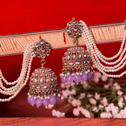 Mehvish Jadau Reverse AD Jhumka Earrings with Earchain - Lavender