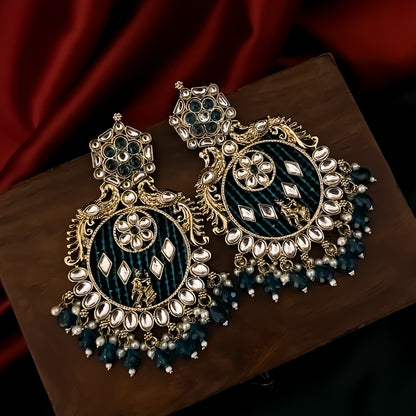 Dhwani Kundan Pearl Chandbali Earrings - Peacock Blue