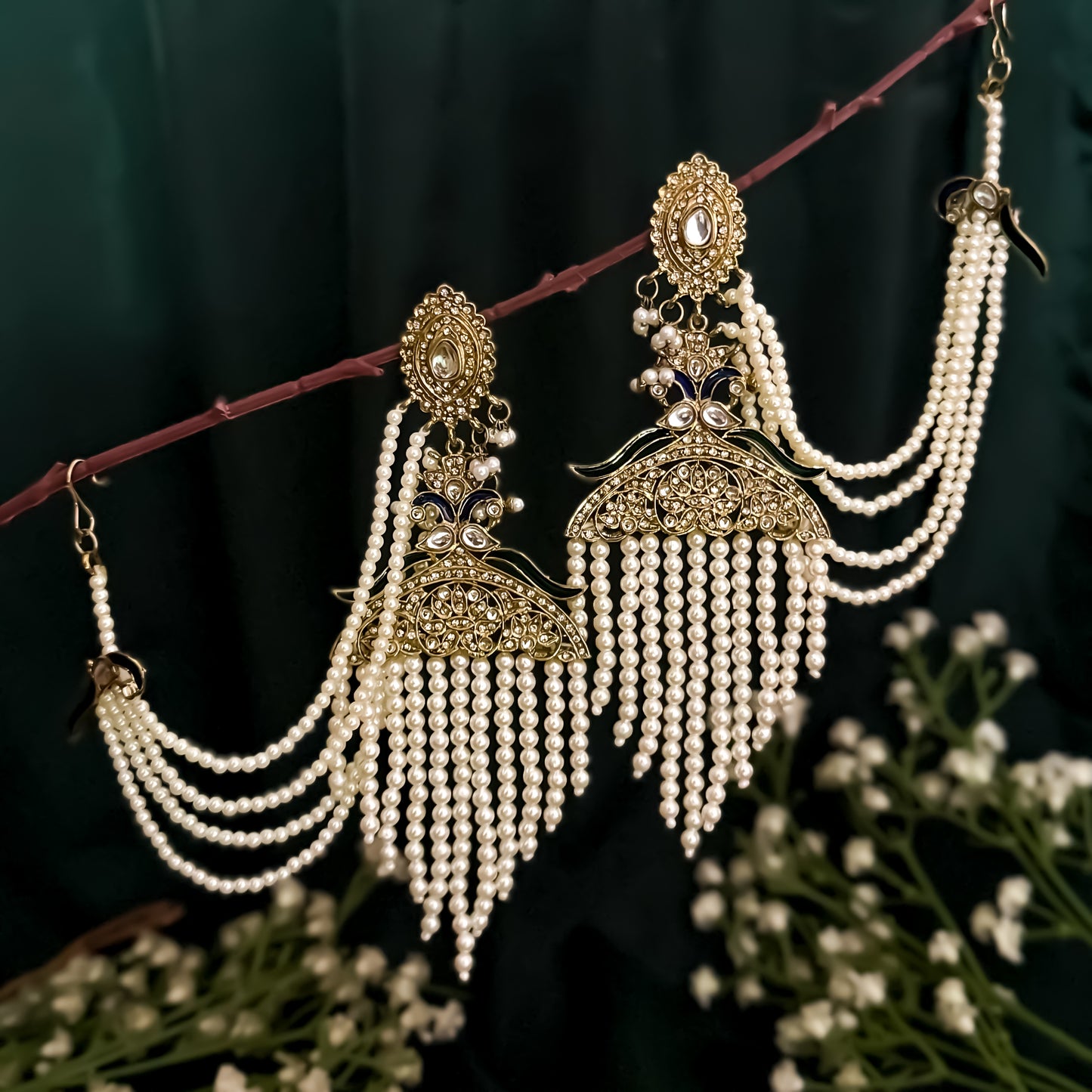 Saira Pearl Peacock Chandbali Earrings with Sahara/Earchains