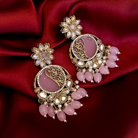 Ishika Premium Cutwork MOP Premium Chandbali Earrings - Baby Pink