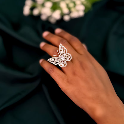Butterfly American Diamond Silver Adjustable Ring