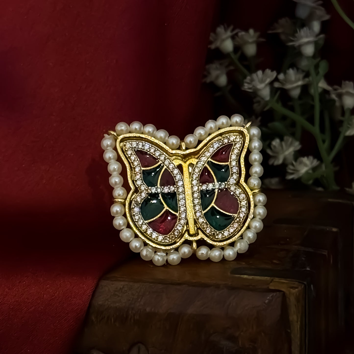 Titli Premium Brass Jadau & AD Work Adjustable Ring - Pink & Green