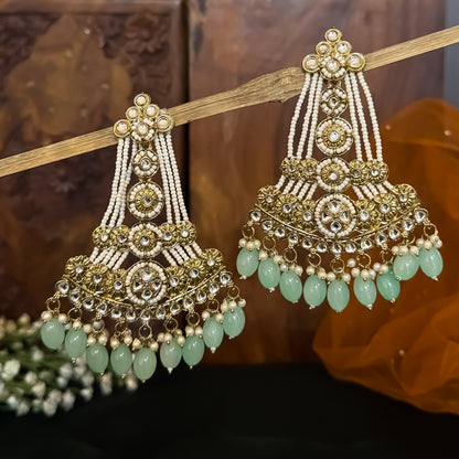 Pastel Green Kinza Kundan Pearl Chandbali Earrings