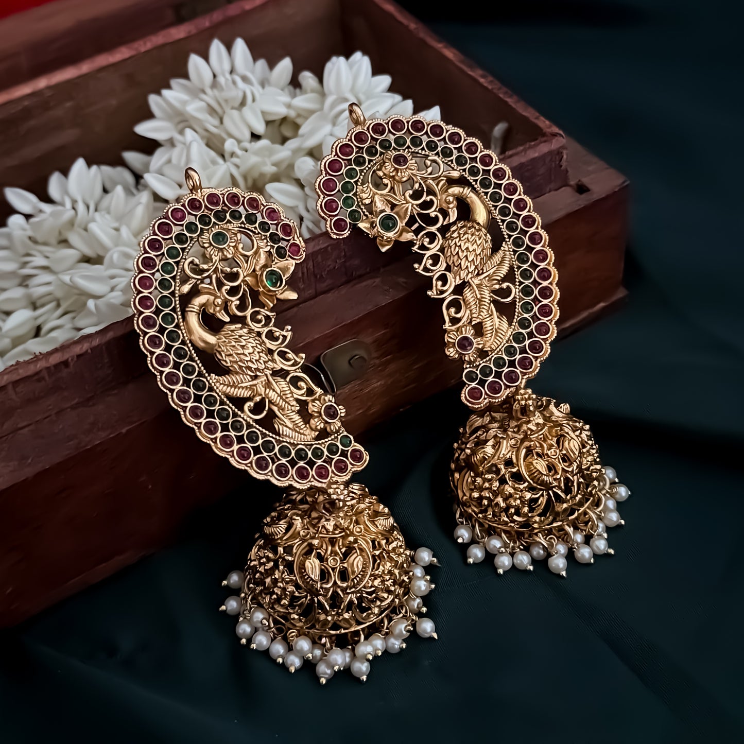 Dhanashree Premium Peacock Temple Gold Earcuff Earrings