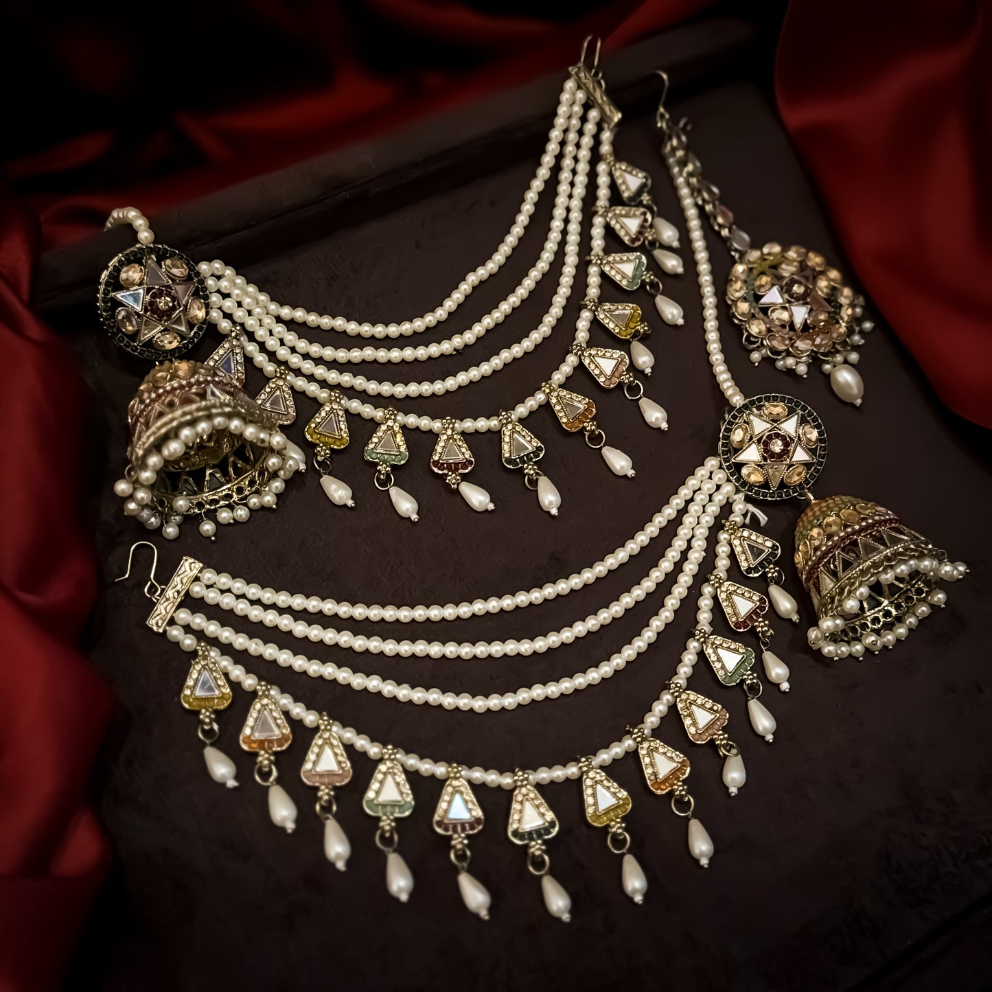 Rani Padmavat Jadau Jhumka Earrings with Sahara & Teeka - Multi