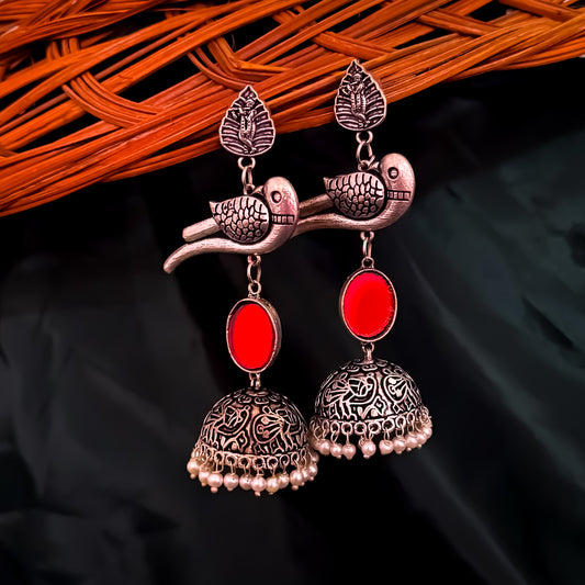 Parrot Afghani Mirror Silver Jhumka Earrings