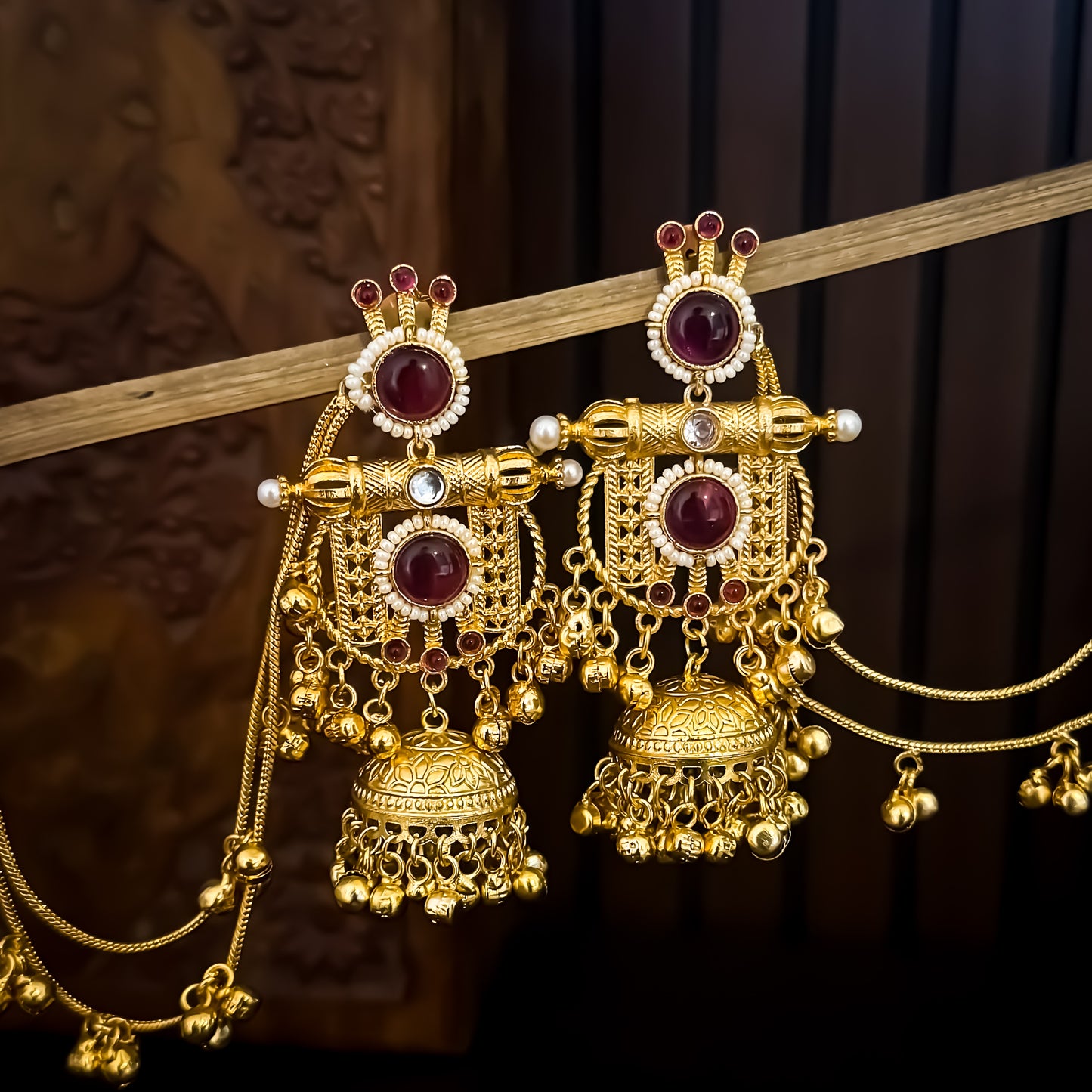 Madhumika Kashmiri Jhumka with Earchain Ghunghroo Earrings - Ruby