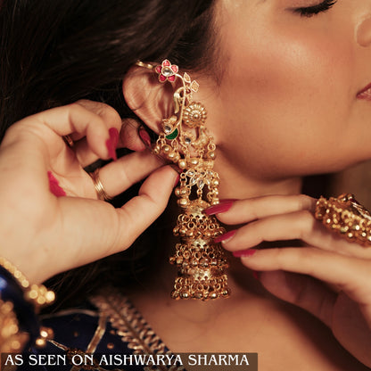 Neelkanchi Peacock Premium Kashmiri Brass Jhumka with Earcuff Earrings - Golden