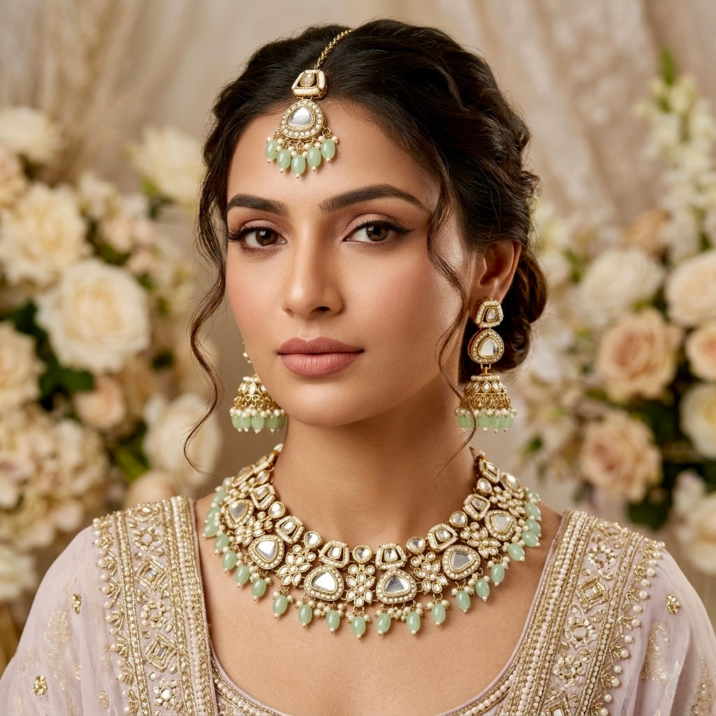 Ramsha Royal Kundan Necklace Set - Pastel Green