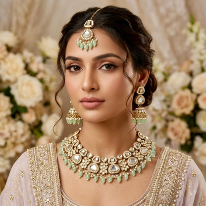 Ramsha Royal Kundan Necklace Set - Pastel Green