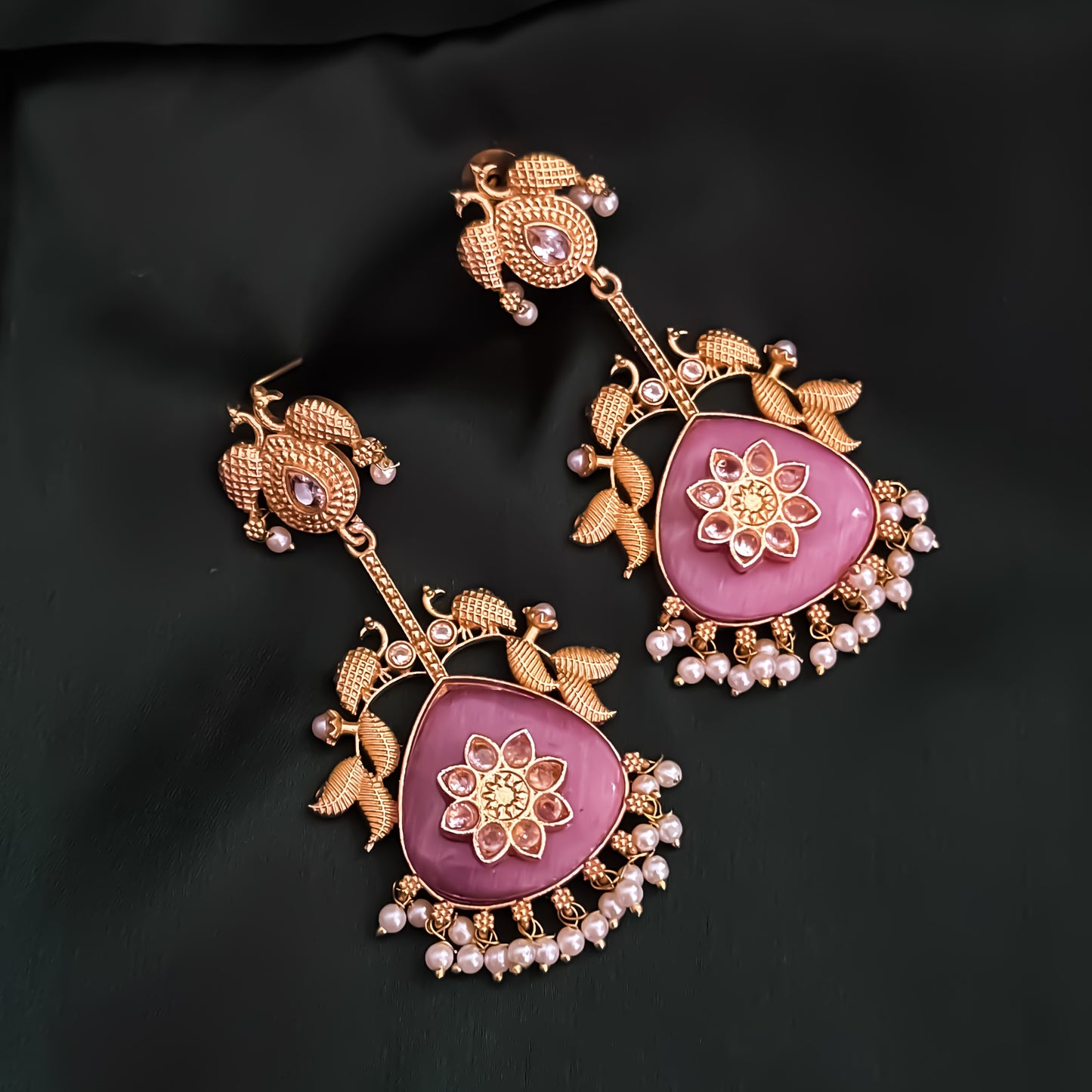 Imani Premium Kashmiri Brass Earrings - Golden & Pastel Pink